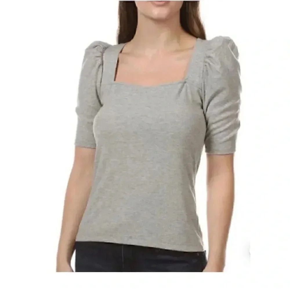 Nine Britton Solid Gray Ribbed Knit Square Neck Puff Sleeve Bohemian M # 1890